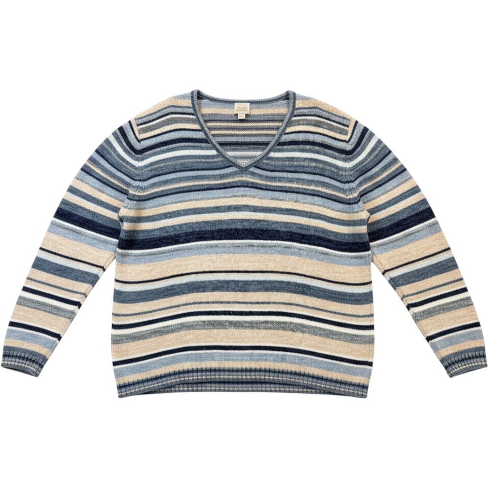 Fiorlini International Blue Striped V-Neck Ramie Cotton Knit Sweater XL Mens